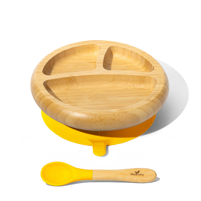 Avanchy Baby Divided Plate + Spoon | Bamboo & Silicone | Yellow