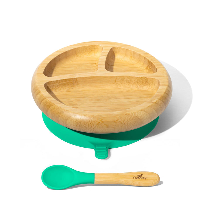 Avanchy Baby Divided Plate + Spoon | Bamboo & Silicone | Green