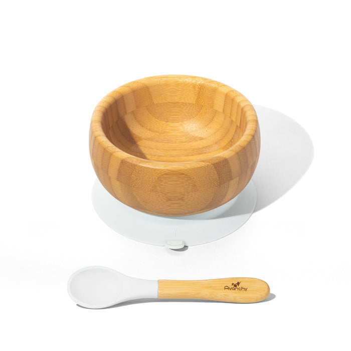 Avanchy Baby Bowl + Spoon | Bamboo & Silicone | White