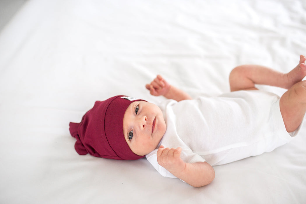 Copper Pearl Newborn Top Knot Hat - Ruby