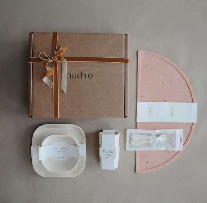 Mushie Mealtime Gift Set (Pink Confetti/Ivory)