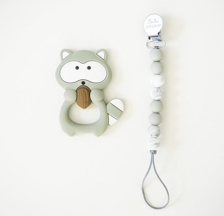 Loulou Lollipop Raccoon Teether with Holder Set
